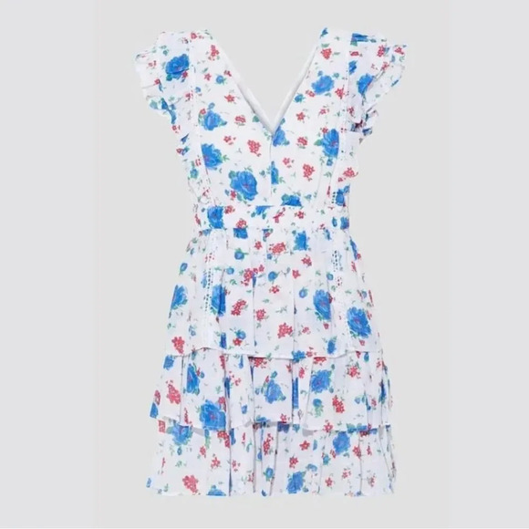 LoveShackFancy “Bennett” Mini Floral Ruffle Dress - NWT, SZ L White Blue and Red - Picture 5 of 14